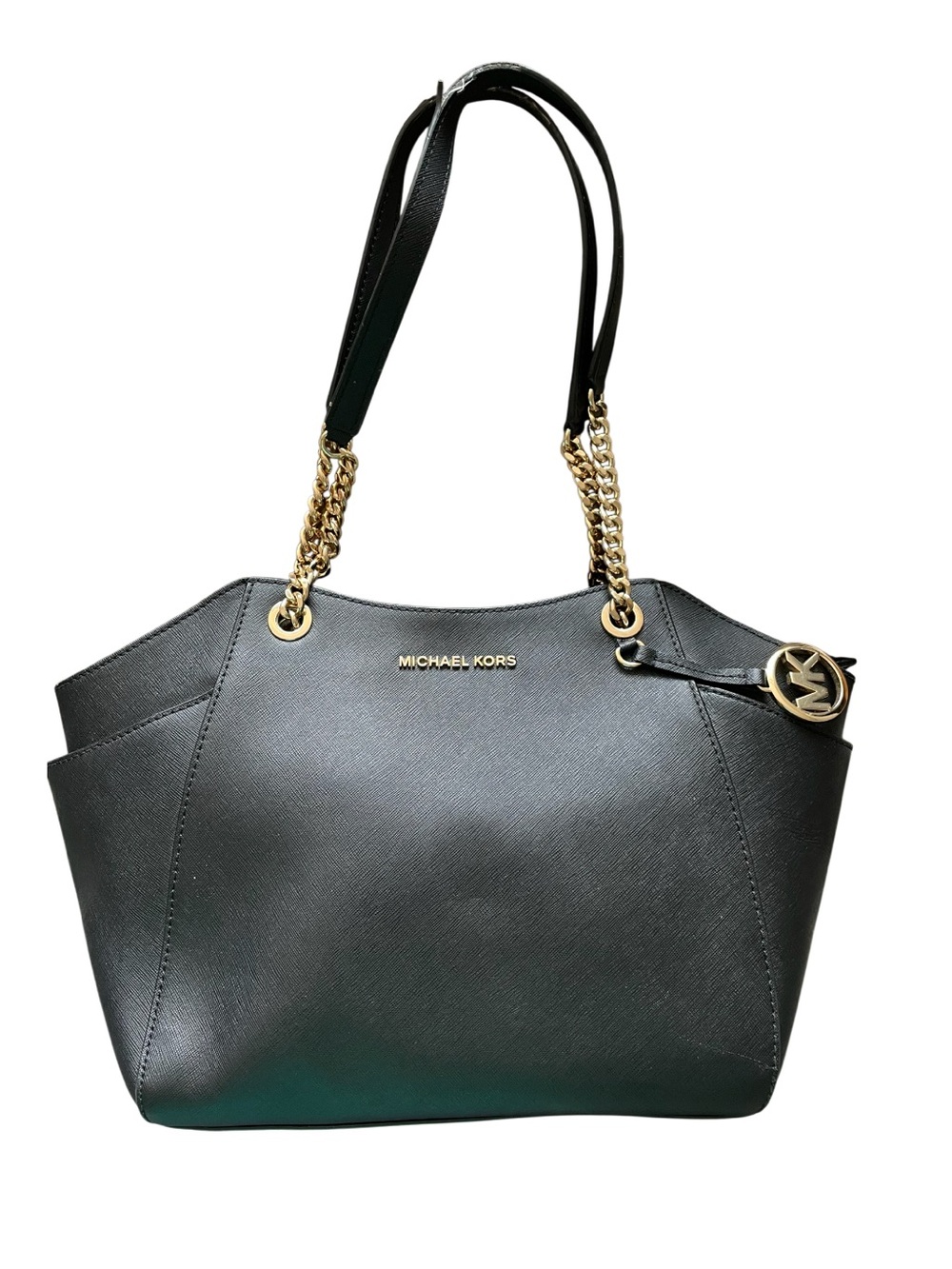 MICHAEL KORS Black Saffiano Leather Shoulder Tote with Gold Hardware